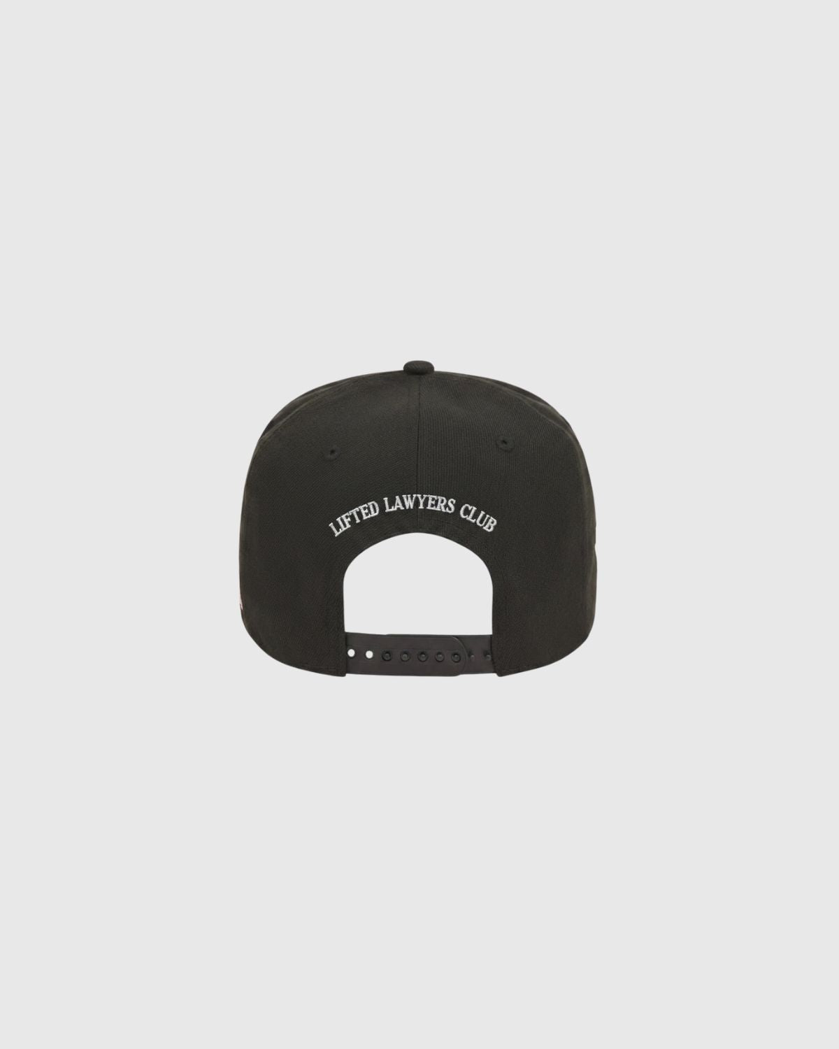 The Above The Rim black snapback hat with LIFTED LAWYERS CLUB logo embroidered on the back of the black snapback hat.