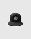 The LLC Above The Rim black snapback hat with gold wheel rim embroidered on the front crown