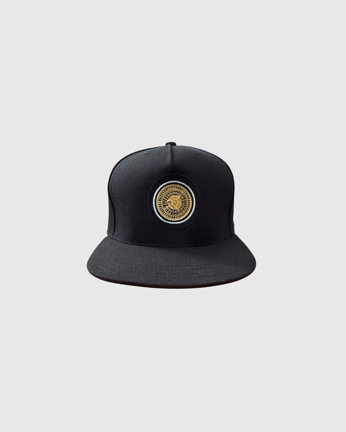 The LLC Above The Rim black snapback hat with gold wheel rim embroidered on the front crown