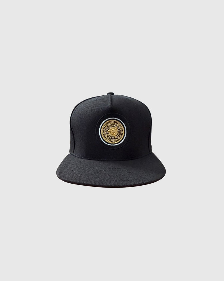 The LLC Above The Rim black snapback hat with gold wheel rim embroidered on the front crown