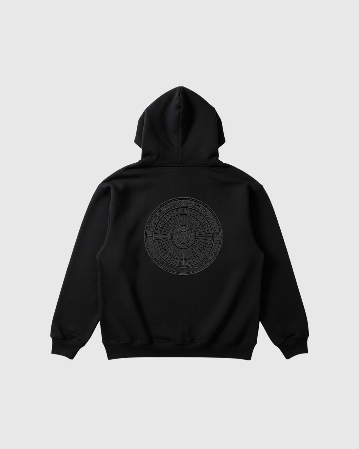 Lifted Lawyers Club (the LLC) Bench Pullover Hoodie in ultra heavyweight premium fleece in black. An oversized LLC wheel logo is embroidered on back. 