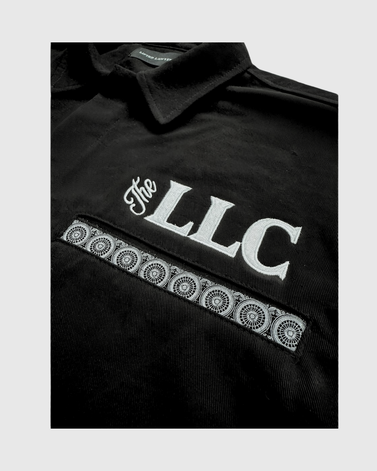 Car Club Shirt Front close-up with embroidered logo and talavera print (Black)