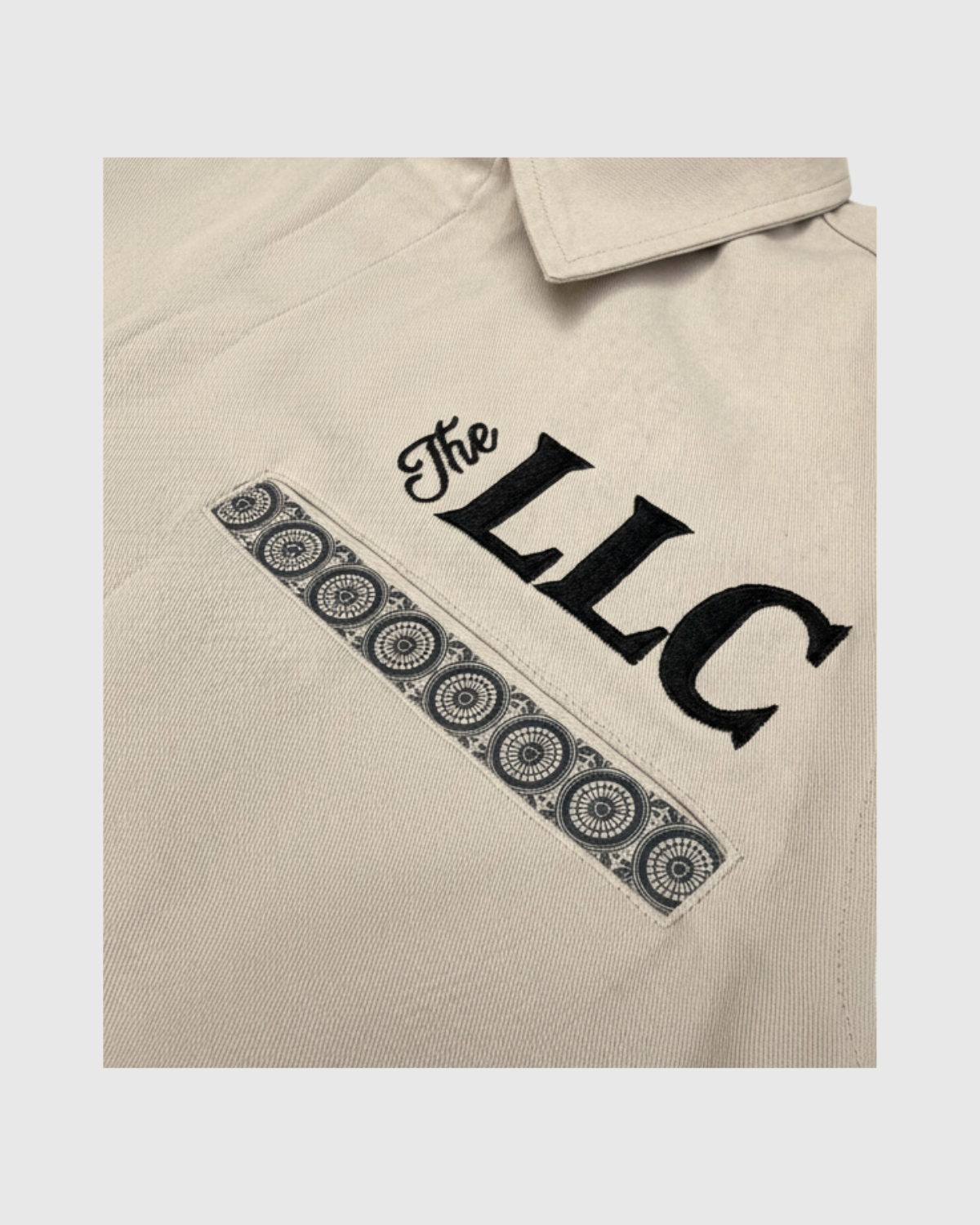 Detail of Car Club Shirt (Khaki) logo embroidery and talavera wheel print