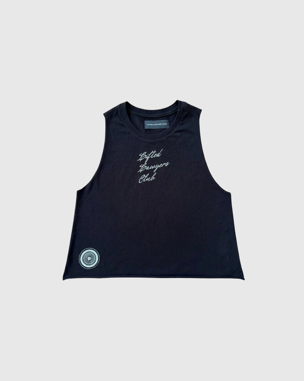 Lifted Lawyers Club (The LLC) Women's Courtney Racerback Tank Black with raw edges with logo on front chest