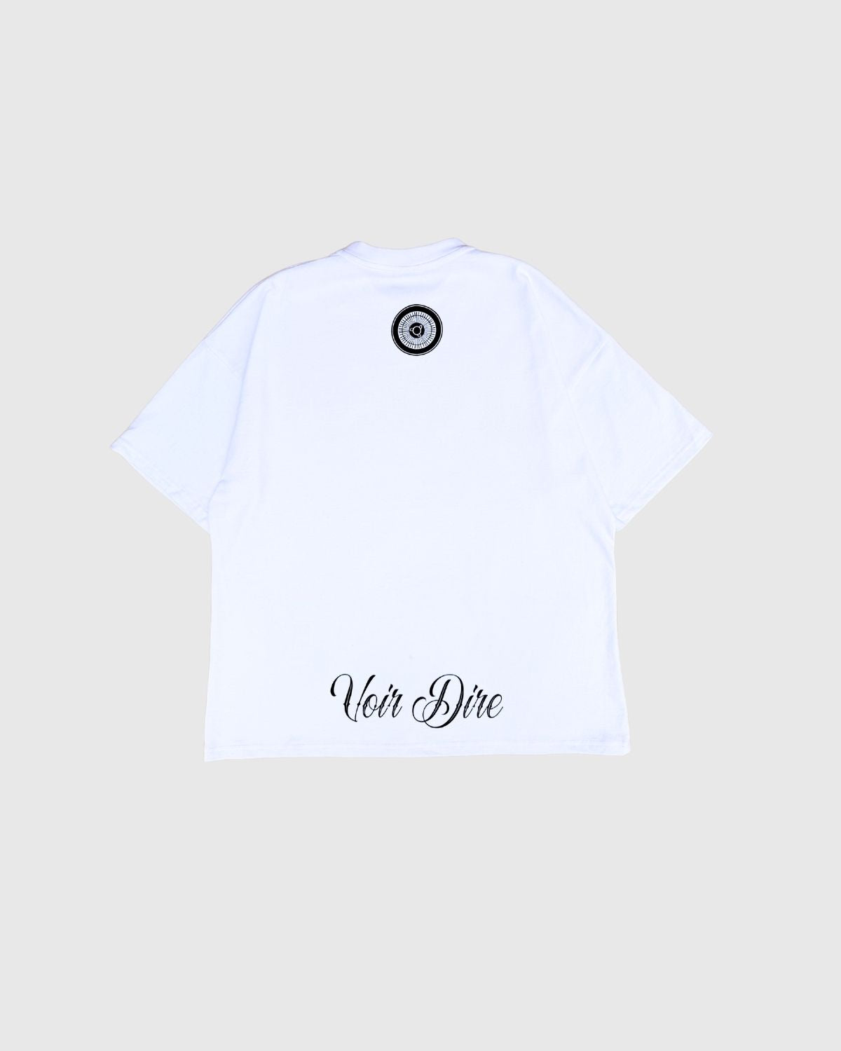 Back of Heritage t-shirt with black text and a circular wheel design on a beige background (White)