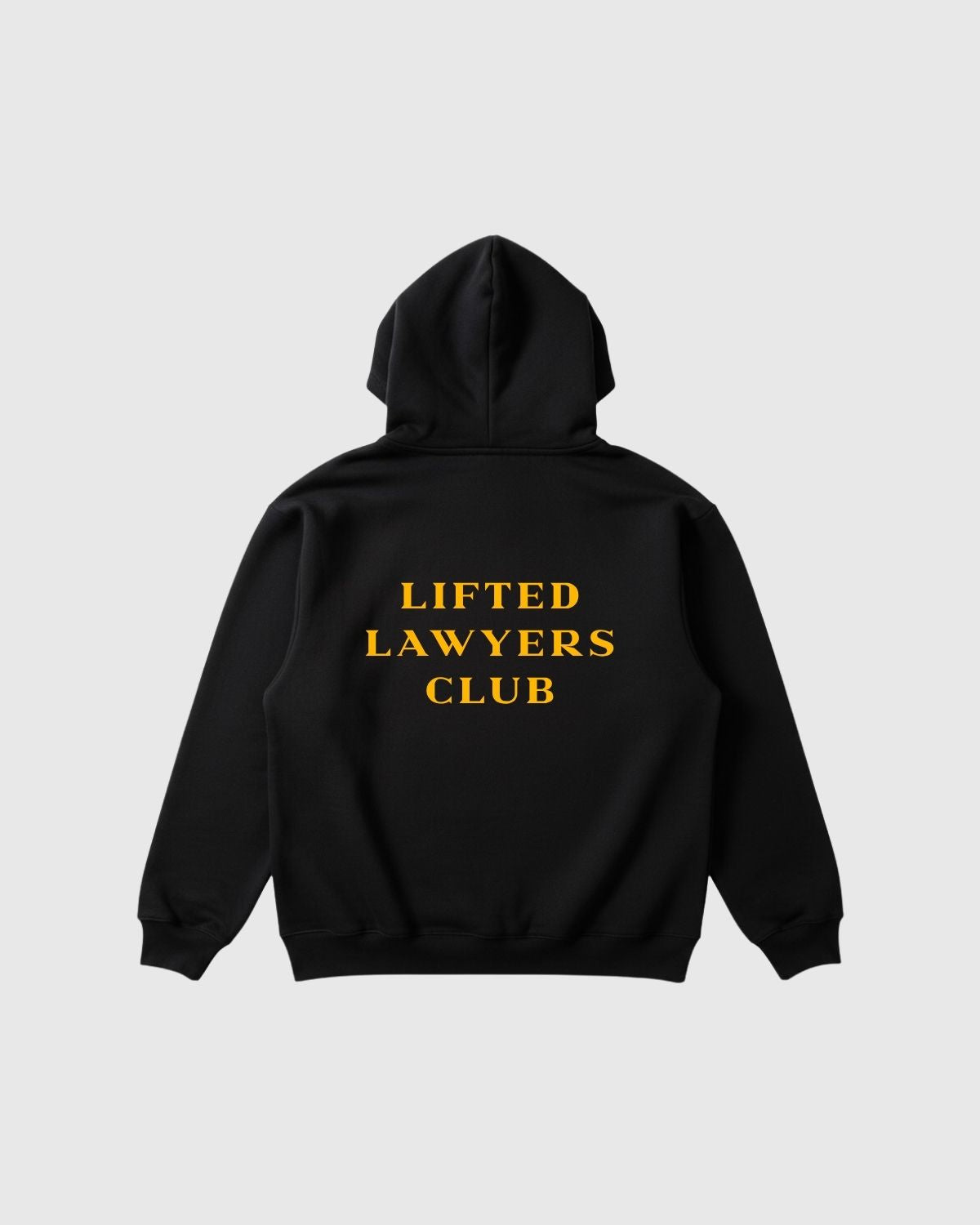 LLC Black hoodie with 'Lifted Lawyers Club' text on a light gray background