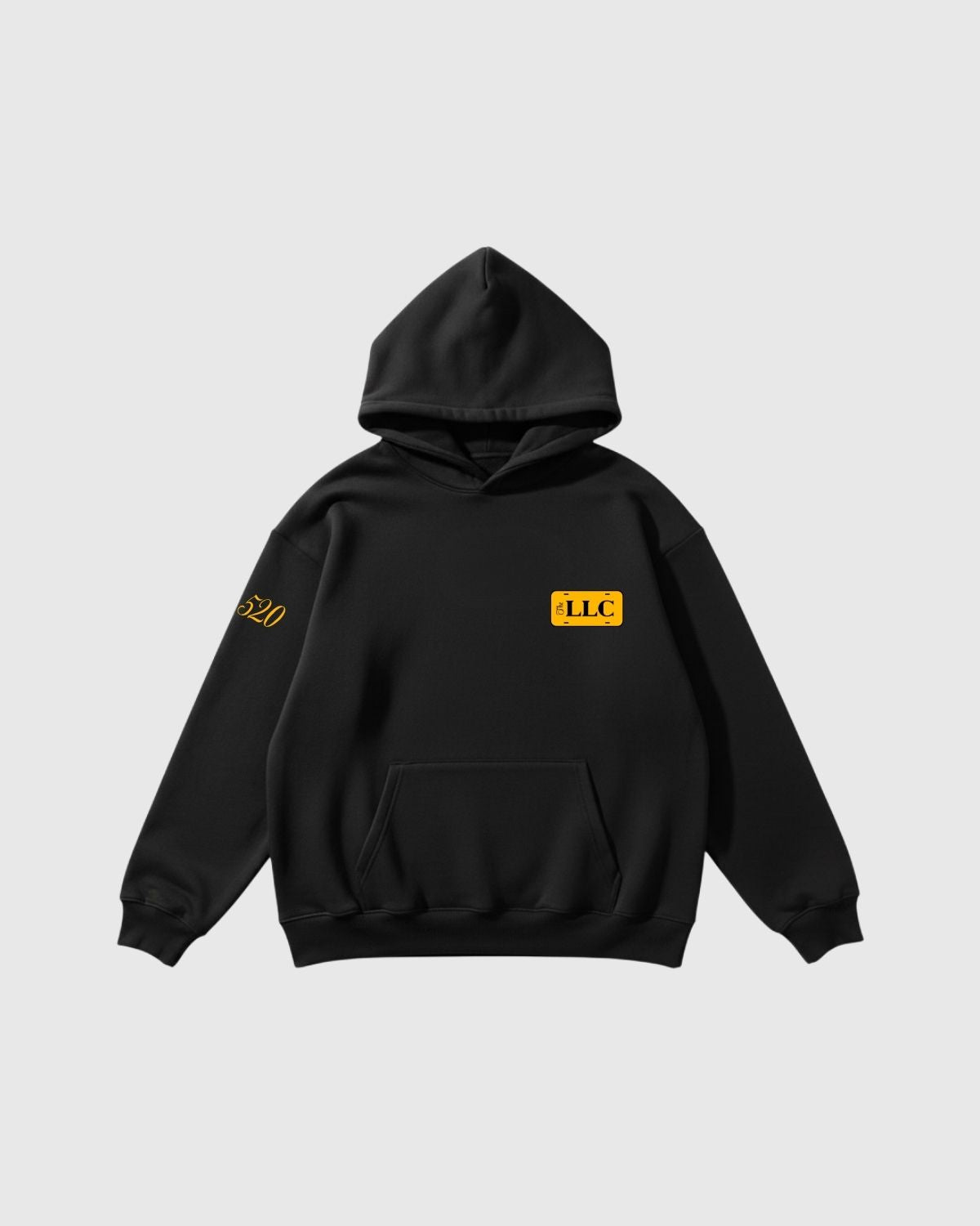 LLC Legacy Black hoodie with yellow logos on a light gray background