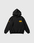 LLC Legacy Black hoodie with yellow logos on a light gray background